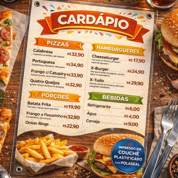 Cardápio Plastificado Rígido A4 Colorido Frente