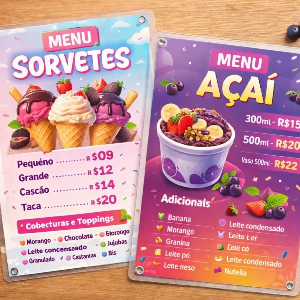 Cardápio Plastificado Rígido A4 Colorido Frente e Verso 